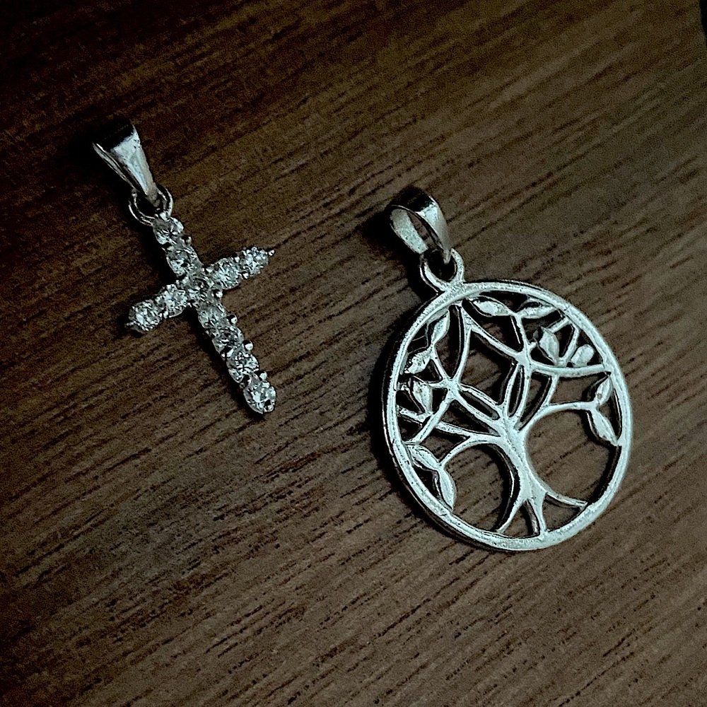 Sterling Silver Necklace Charms Tree of Life and Cross with Stones